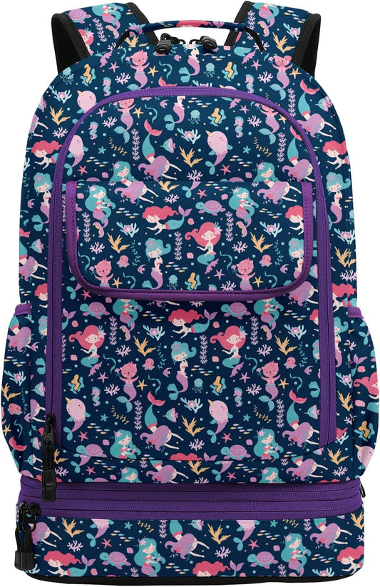 Leaper Water-resistant Cute Mermaid Laptop Backpack Double Deck Lunch Bag Satchel Purple