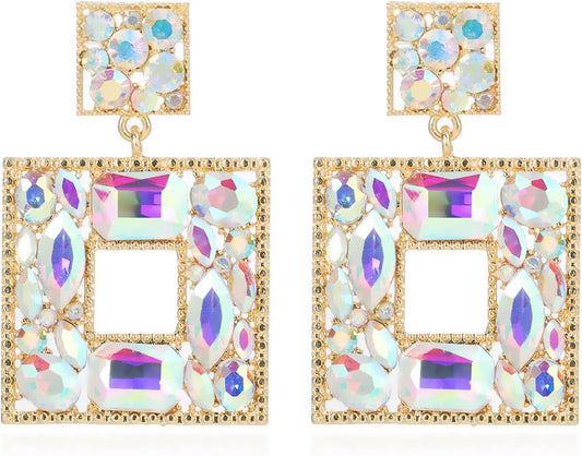 Rhinestone Square Statement Dangle Earrings Trendy Crystal Geometric Drop Earrings Hypoallergenic Jewelry for Women Party