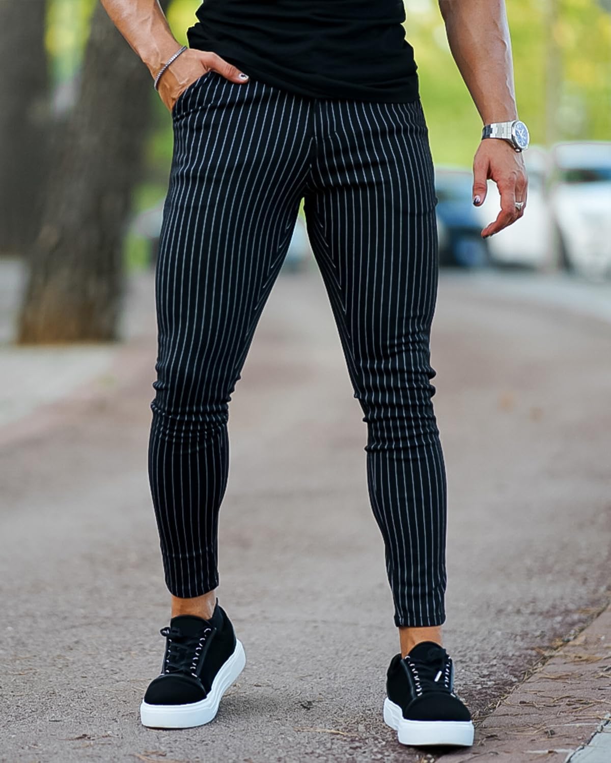 GINGTTO Mens Chino Pants Slim Fit Stretch Pinstripe Pants Men Dress