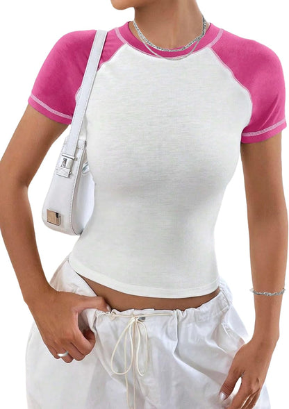 Avanova Women Raglan Colorblock Baby Tee Shirt Short Sleeve Summer Casual Tops