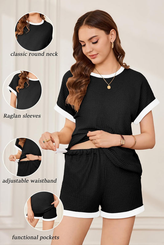 Ekouaer Women's Waffle Knit Maternity Pajamas 2 Piece Outfits Short Sleeve Tops and Shorts Loungewear Set Pregnancy Clothes