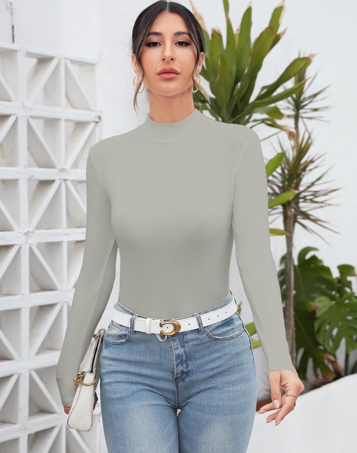 MANGDIUP Women's Mock Turtleneck Long Sleeve Sleeveless Tops Basic Slim T-Shirts