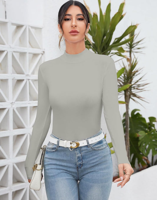 MANGDIUP Women's Mock Turtleneck Long Sleeve Sleeveless Tops Basic Slim T-Shirts
