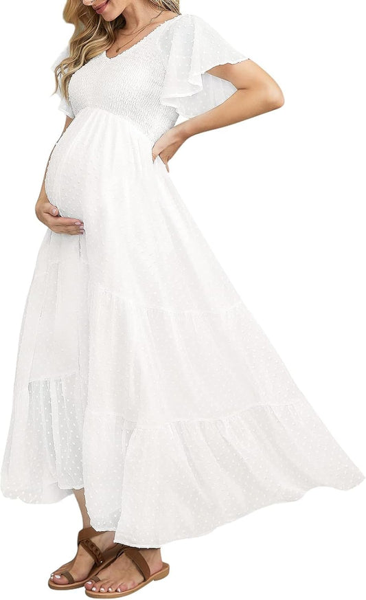 Swiss Dot Smocked Maternity Dress for Baby Shower Photoshoot Casual V Neck Ruffle Sleeve Empire Waist Tiered Boho Dress