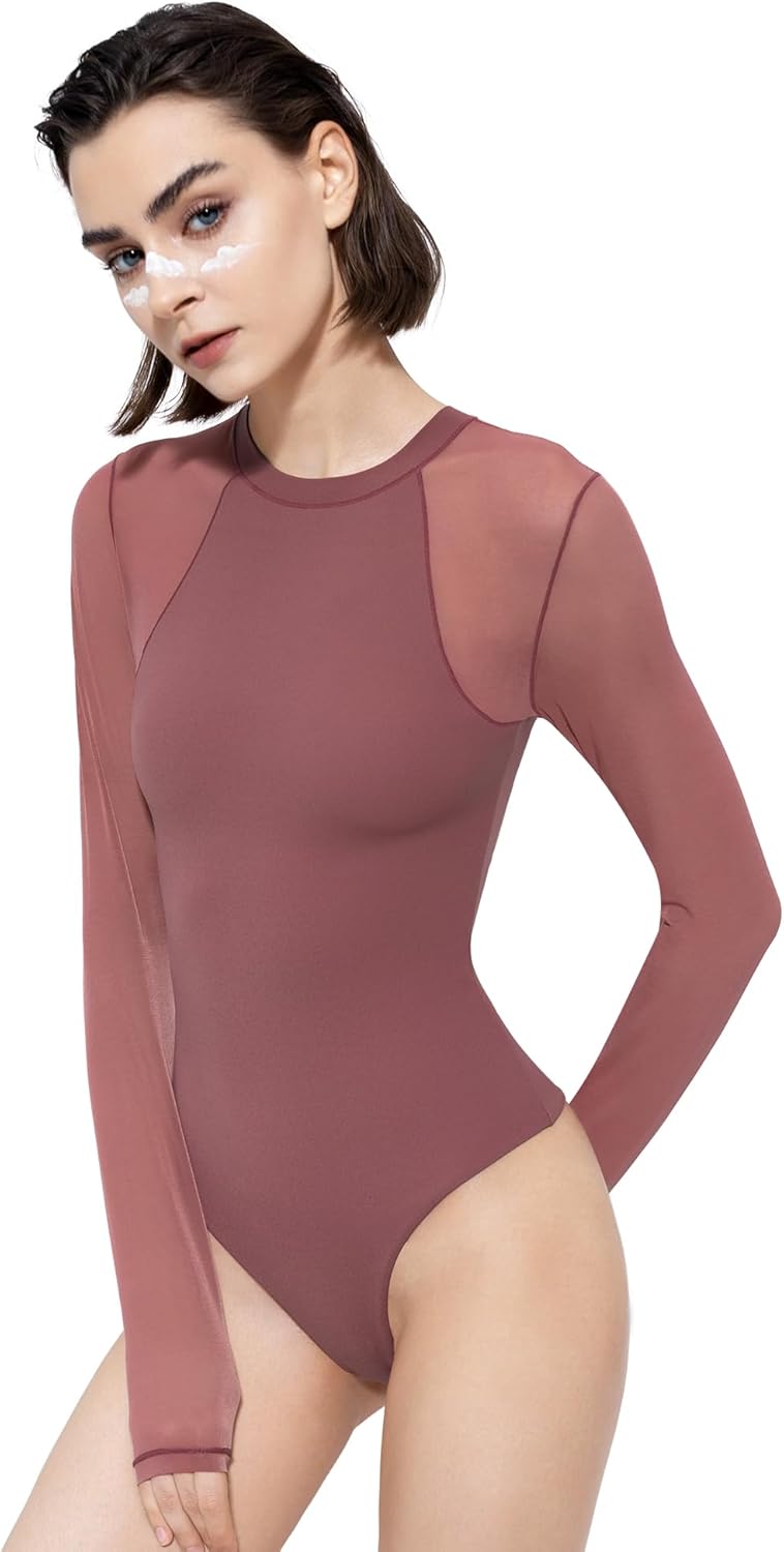 PUMIEY Mesh Long Sleeve Bodysuit for Women Crew Neck Body Suits Sexy Sheer Tops Smoke Cloud Collection