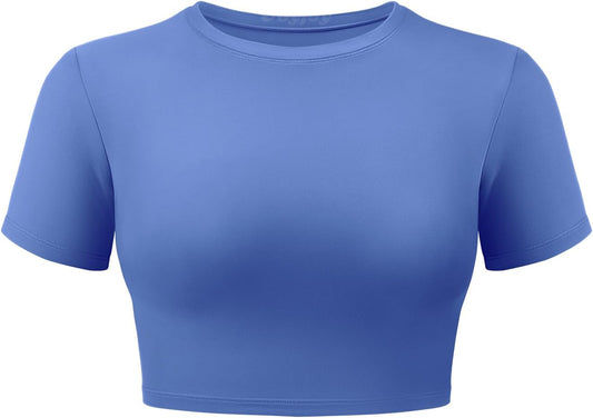 VOYJOY Womens Double Lined Fitted Short Sleeve Crop Tops Crew Neck Casual Workout T Shirts Cute Basic Tee