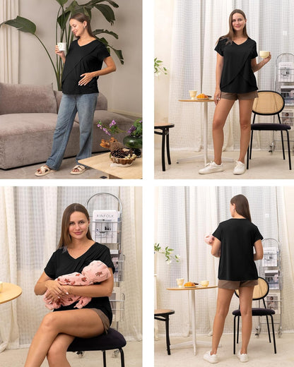 Rnxrbb V Neck Nursing Tops for Breastfeeding Tshirts Summer Postpartum Clothes Sets Short Sleeve 3 Pack Double Layer