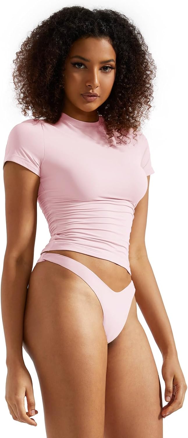 SUUKSESS Women Double Lined Fitted Basic Tee Crew Neck Short Sleeve Y2K Crop Top