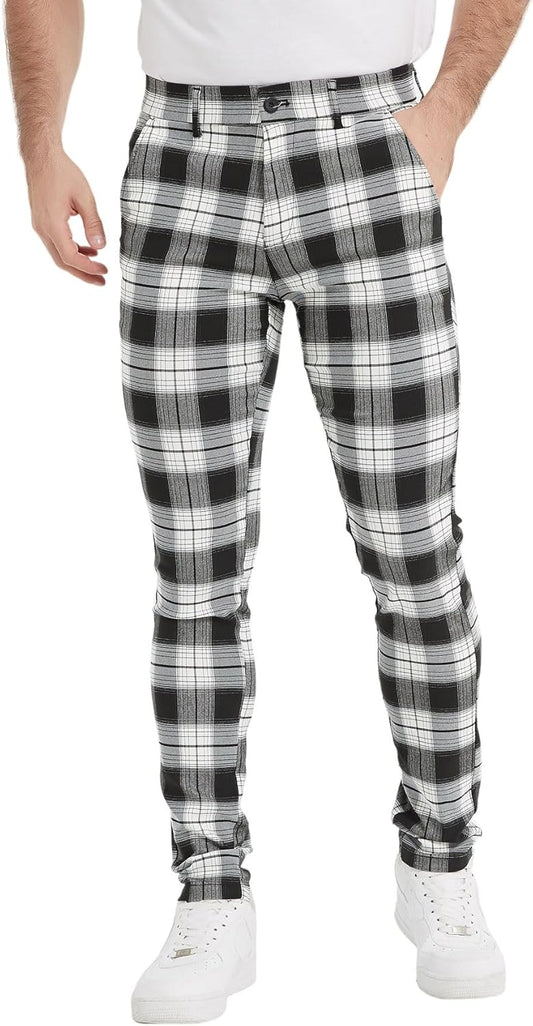 Plaid&Plain Men's Plaid Pants Skinny Dress Pants for Men Skinny Chino Pants Men