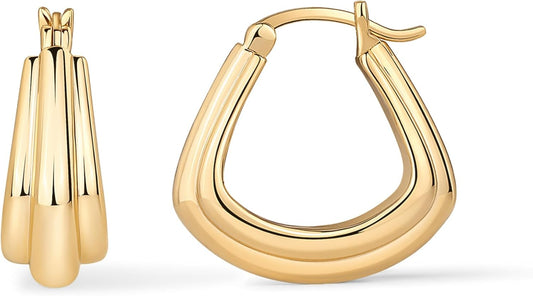 PAVOI 14K Gold Plated Sterling Silver Posts Geometric Hoop Earrings for Women | Trendy Geo Long Oval U-Shaped Link Triangle Huggie Hoops Earring