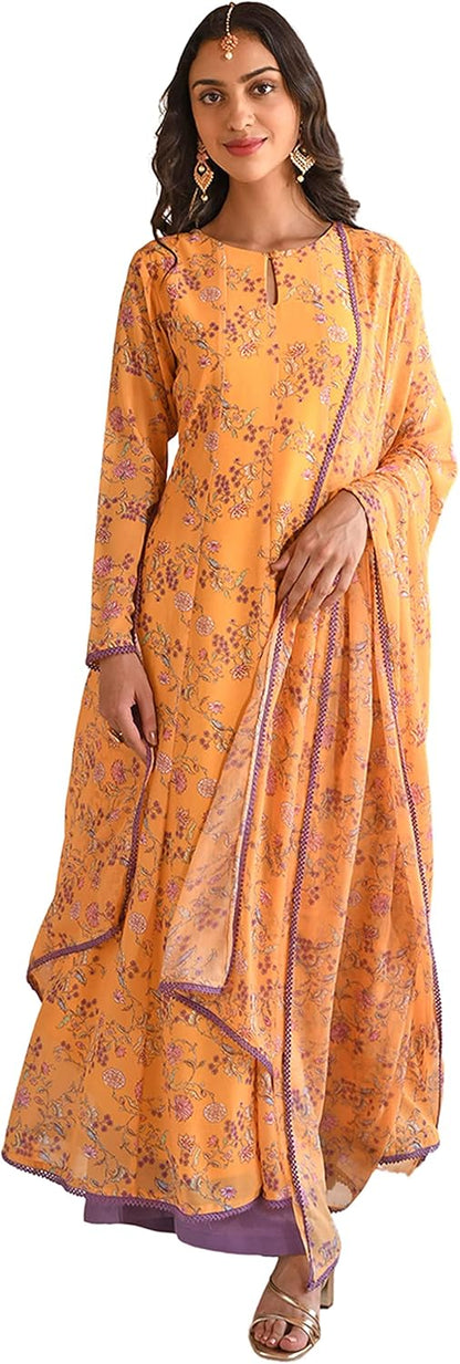 Janasya Indian Women's Yellow Flowy Printed Kurta Kurti Top Tunic Festive Evening wear Kurta Set with Dupatta for Women