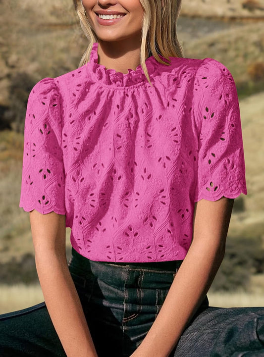 PRETTYGARDEN Summer Tops for Women 2025 Trendy Short Sleeve Eyelet Embroidered Dressy Casual Blouse Shirts