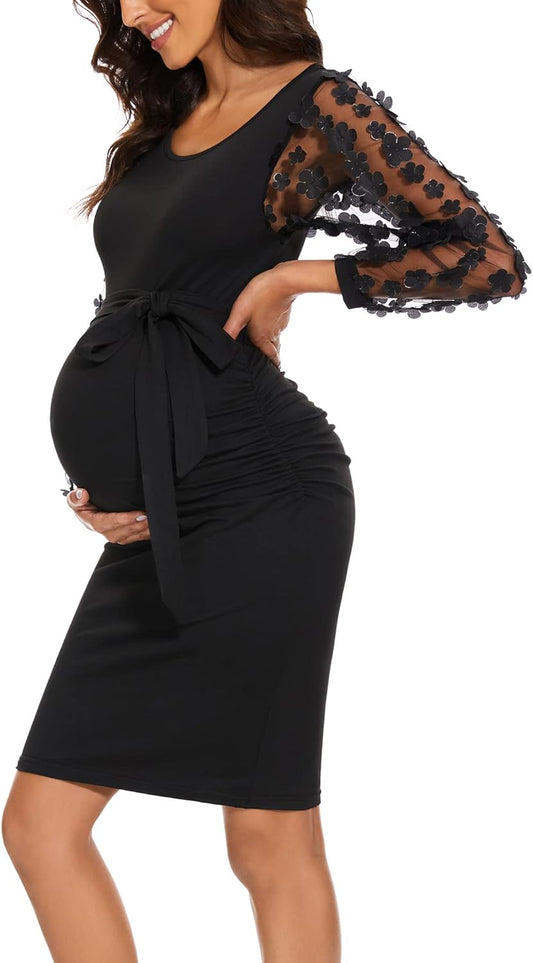 Floral Mesh Bishop Long Sleeve Maternity Midi Dress, Fall Maternity Bodycon Dress for Baby Shower/Photoshoot