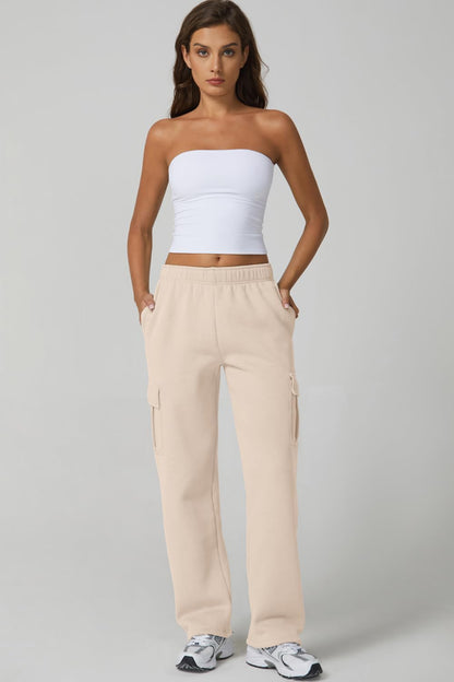 QINSEN Womens Medium Waist Baggy Elastic Waist Sweatpants Casual Fleece Long Pants with Pockets