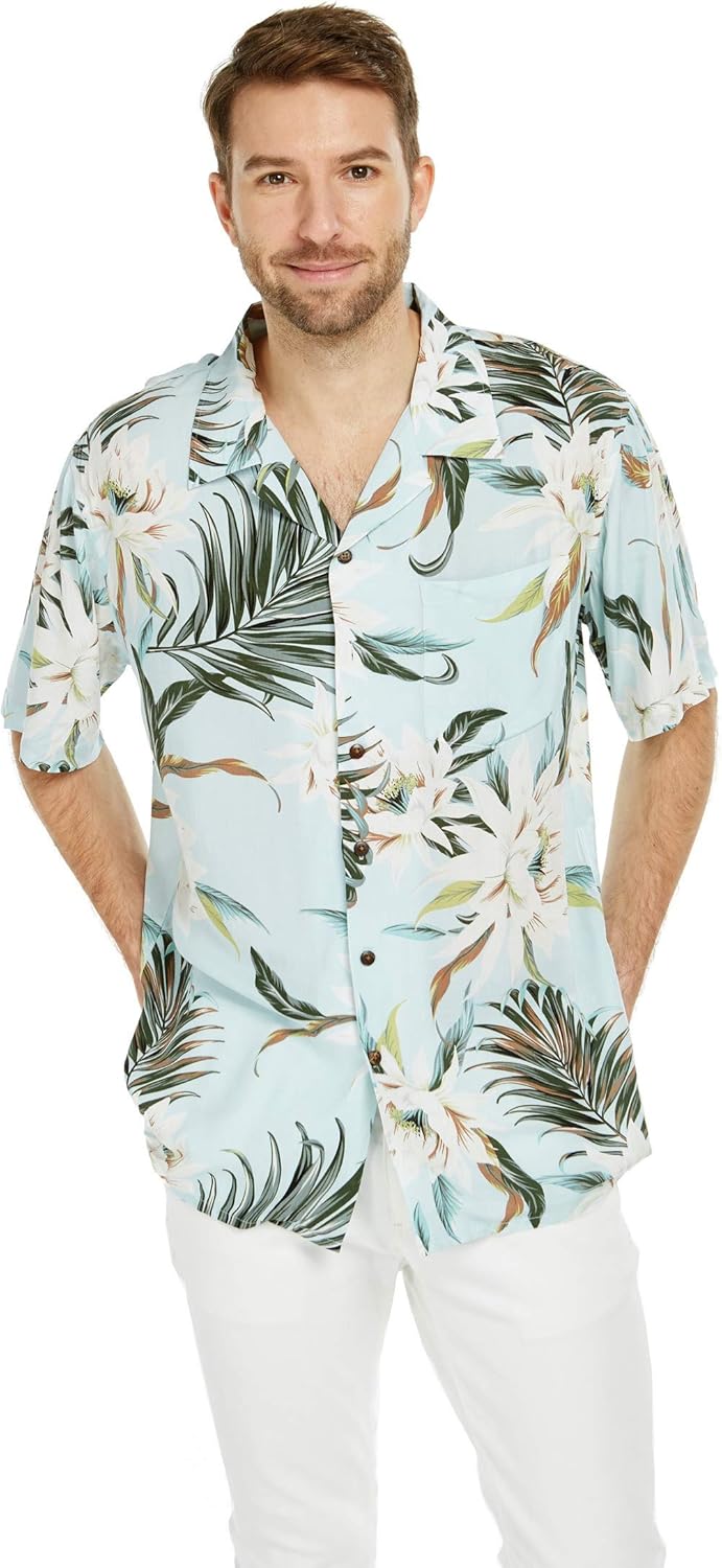 Matchable Couple Hawaiian Luau Shirt or Wrap Ruffle Dress in Wispy Cereus Light Blue