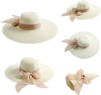 Lanzom Womens 5.7 Inches Big Bowknot Straw Hat Large Floppy Foldable Roll up Beach Cap Sun Hat UPF 50+