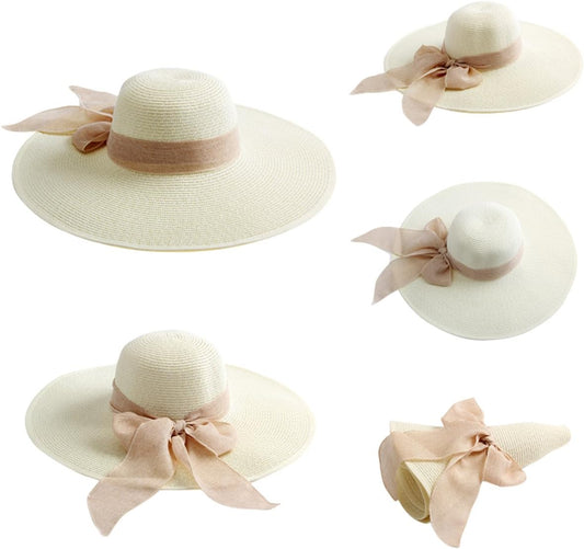 Lanzom Womens 5.7 Inches Big Bowknot Straw Hat Large Floppy Foldable Roll up Beach Cap Sun Hat UPF 50+