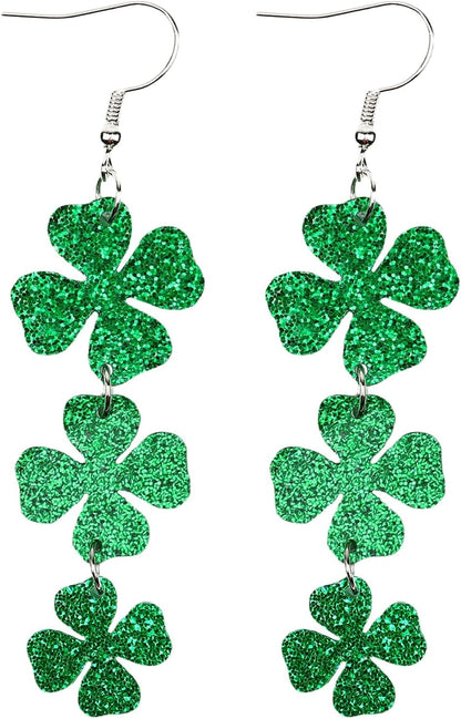 St Patricks Day Green Shamrock Clover Earrings for Women, Irish St. Patrick's Day Accessories Good Luck Hoop Dangle Glitter Earrings (Type 1)