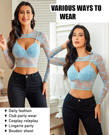 Avidlove Women's Going Out Tops Lace Long Sleeve Crop Top Shirt Shrug Top with Mesh Camisole Set Light Blue