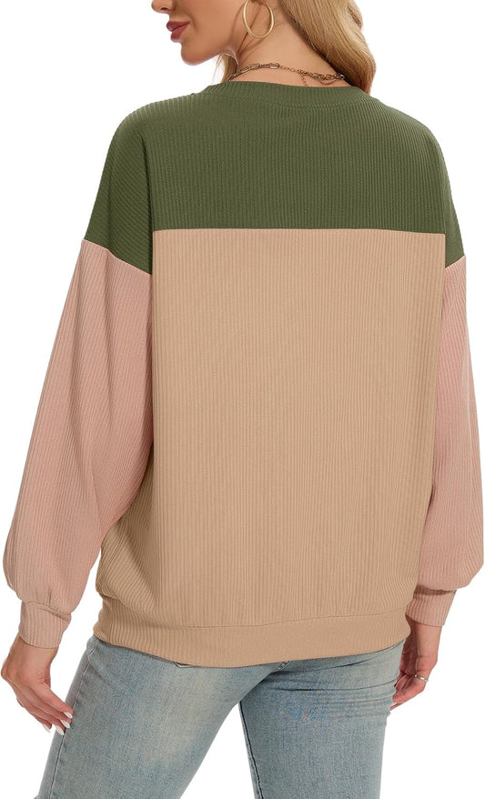 Long Sleeve Shirts for Women Color Block Tops Fall Fashion Ribbed Knit Tops Casual Loose Crewneck Pullover Shirts
