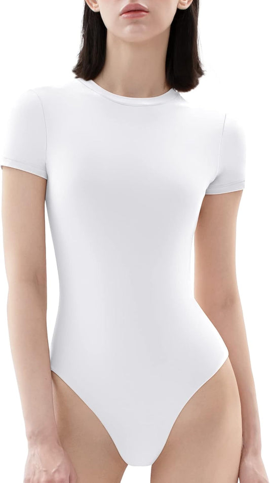 PUMIEY Women's Crew Neck Short Sleeve Thong Bodysuit Fashion T-shirt Tops Smoke Cloud Pro Collection