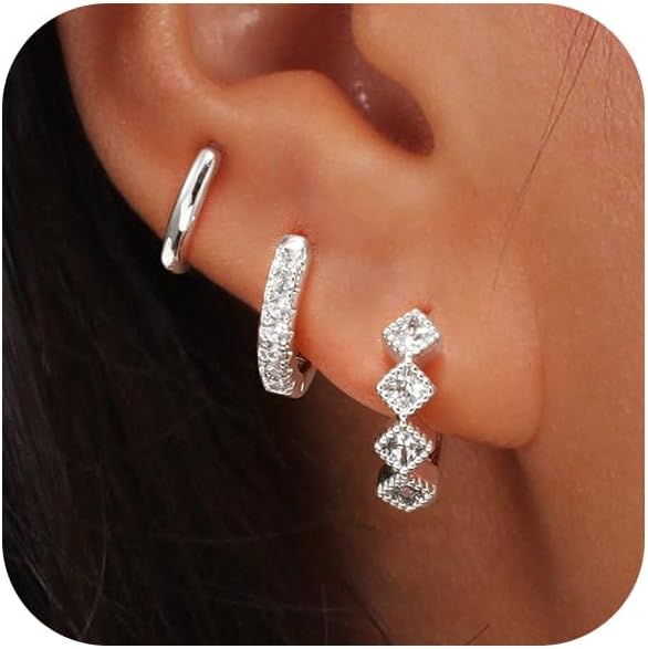 Gold Hoop Earrings Set for Women Trendy, 14K Gold Plated Chunky Hypoallergenic Small Diamond Cartilage Hoops Cute Cubic Zirconia Dangle Stud Earrings Jewelry Gifts
