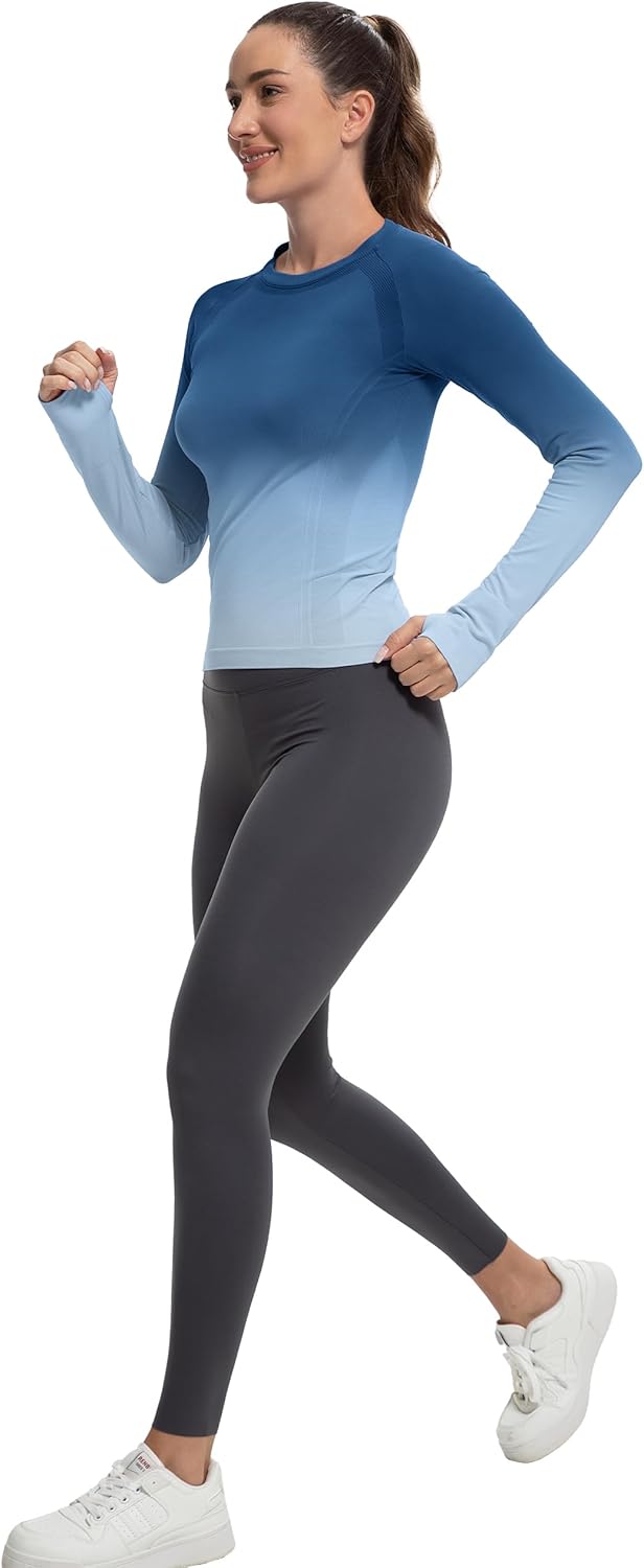 MathCat Long Sleeve Workout Tops for Women, Gradient Running Athletic Shirts, Seamless Breathable Tops with Thumb Holes