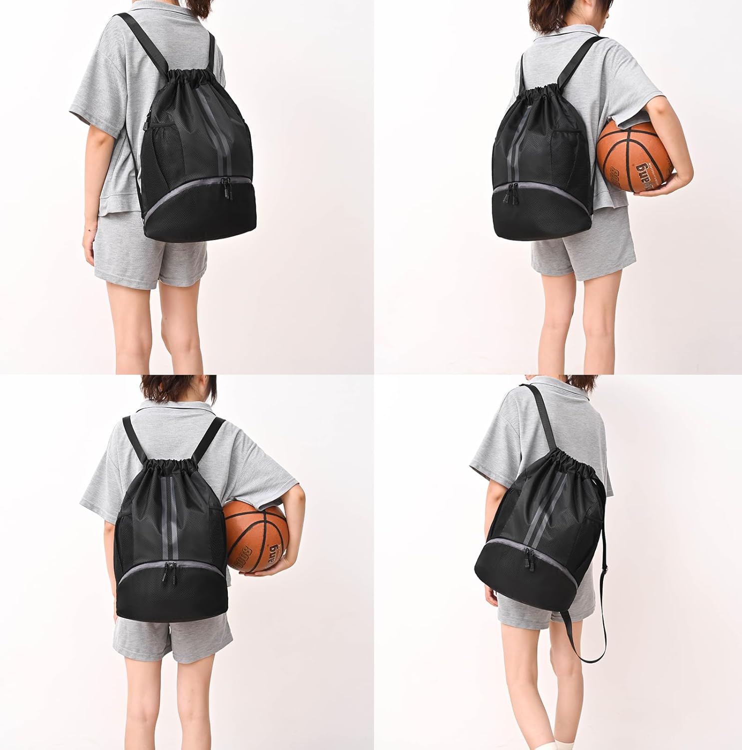 Drawstring Gym Bag for Men, Waterproof Drawstring Backpack for Women, Swim with Shoes Compartment, Pull String Sport Bag for Soccer and Basketball. (Grey)