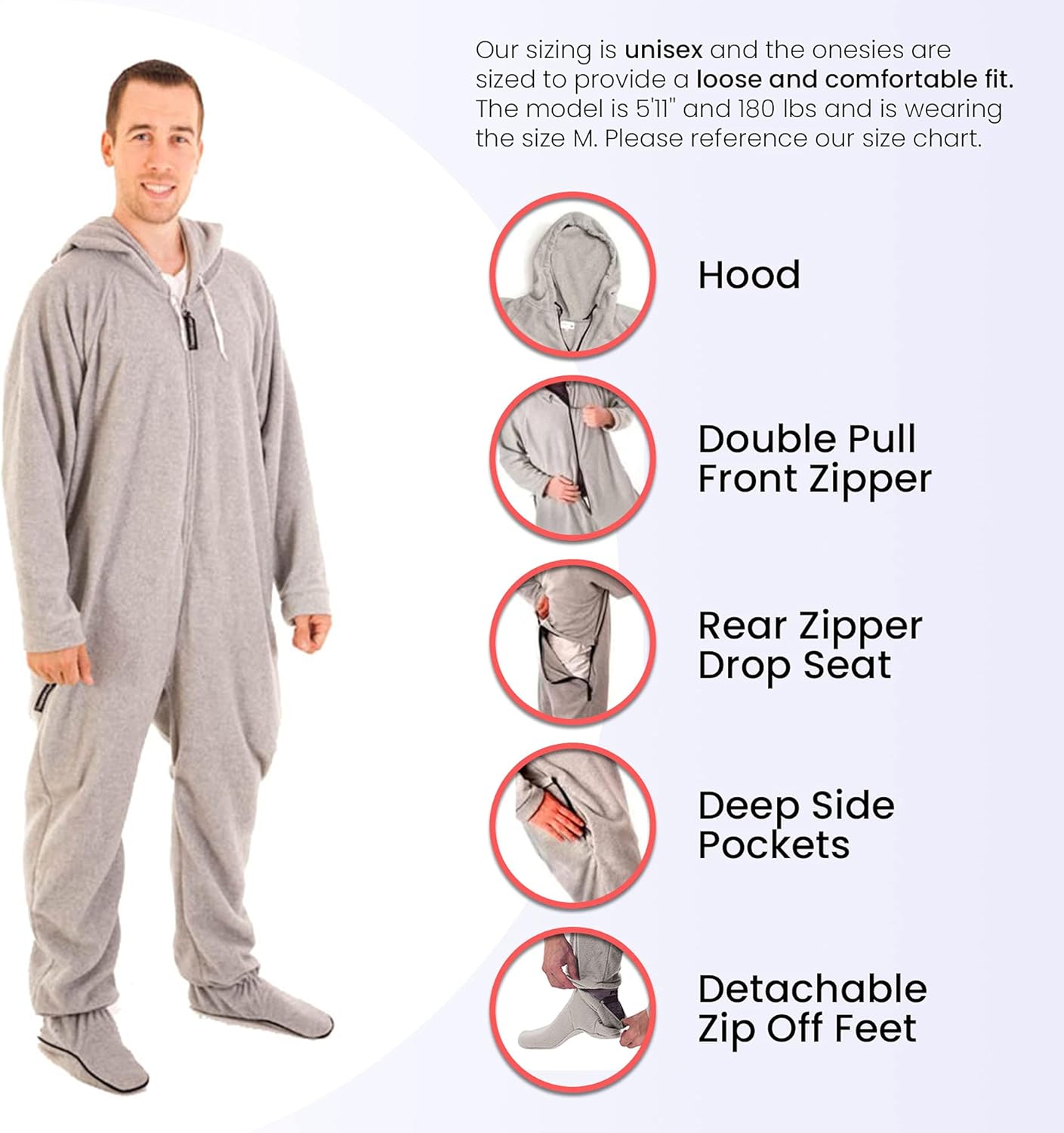 Forever Lazy Footed Adult Onesies, One-Piece Pajama Jumpsuits for Men and Women, Unisex. with Detachable Feet.