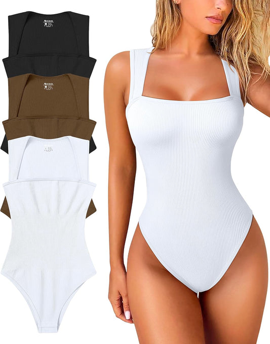 OQQ Women's 3 Piece Bodysuits Sexy Ribbed Strappy Square Neck Sleeveless Tummy Control Tank Tops Bodysuits