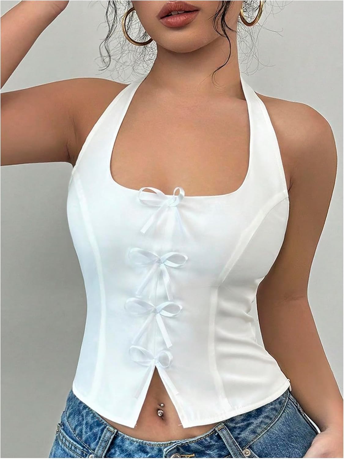 SHENHE Women's Cute Bow Front Crop Halter Top Sleeveless Backless Slit Y2k Top Vest
