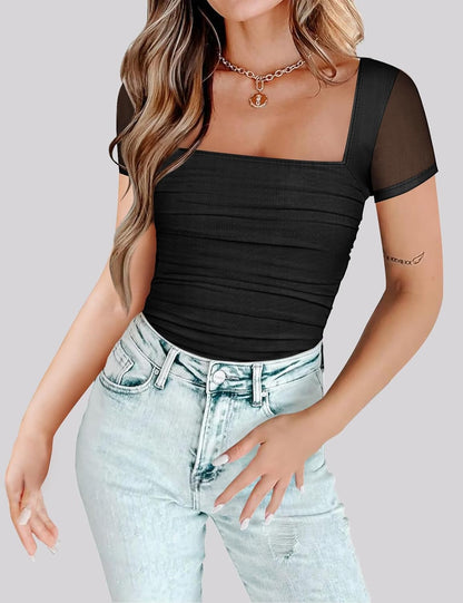 Chunpin Women's Mesh Square Neck Bodysuit Short Sleeve Long Sleeve Outfits Tops Thong Bodysuit