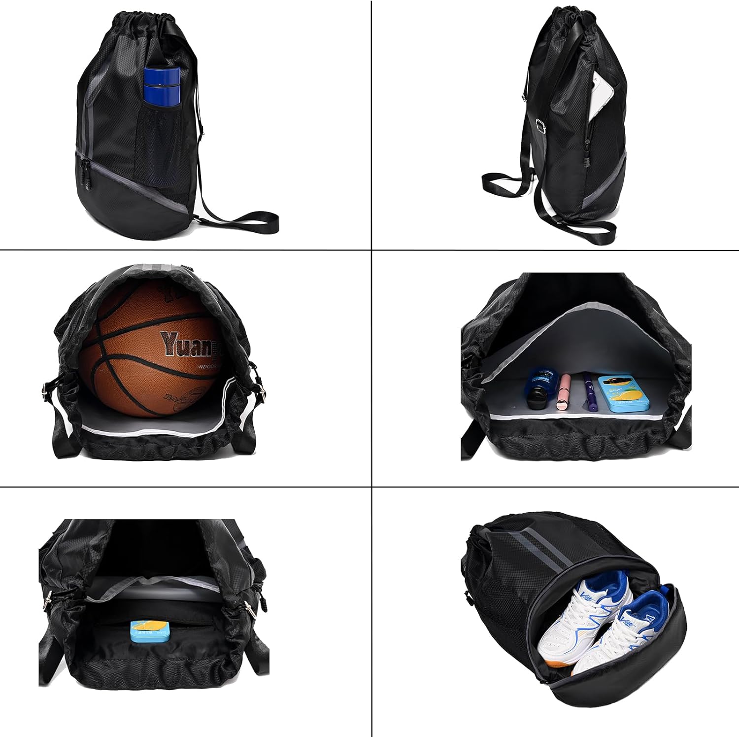 Drawstring Gym Bag for Men, Waterproof Drawstring Backpack for Women, Swim with Shoes Compartment, Pull String Sport Bag for Soccer and Basketball. (Grey)