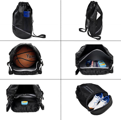 Drawstring Gym Bag for Men, Waterproof Drawstring Backpack for Women, Swim with Shoes Compartment, Pull String Sport Bag for Soccer and Basketball. (Grey)