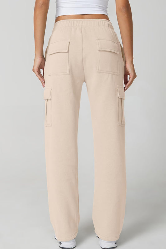 QINSEN Womens Medium Waist Baggy Elastic Waist Sweatpants Casual Fleece Long Pants with Pockets