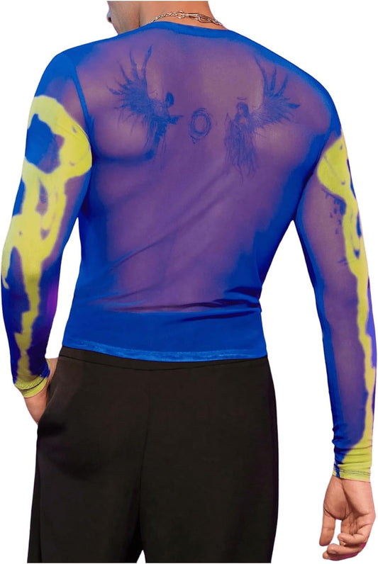 WDIRARA Men's Mesh Shirts Long Sleeve Rave See Through Tee Crewneck Party Club Wear Top