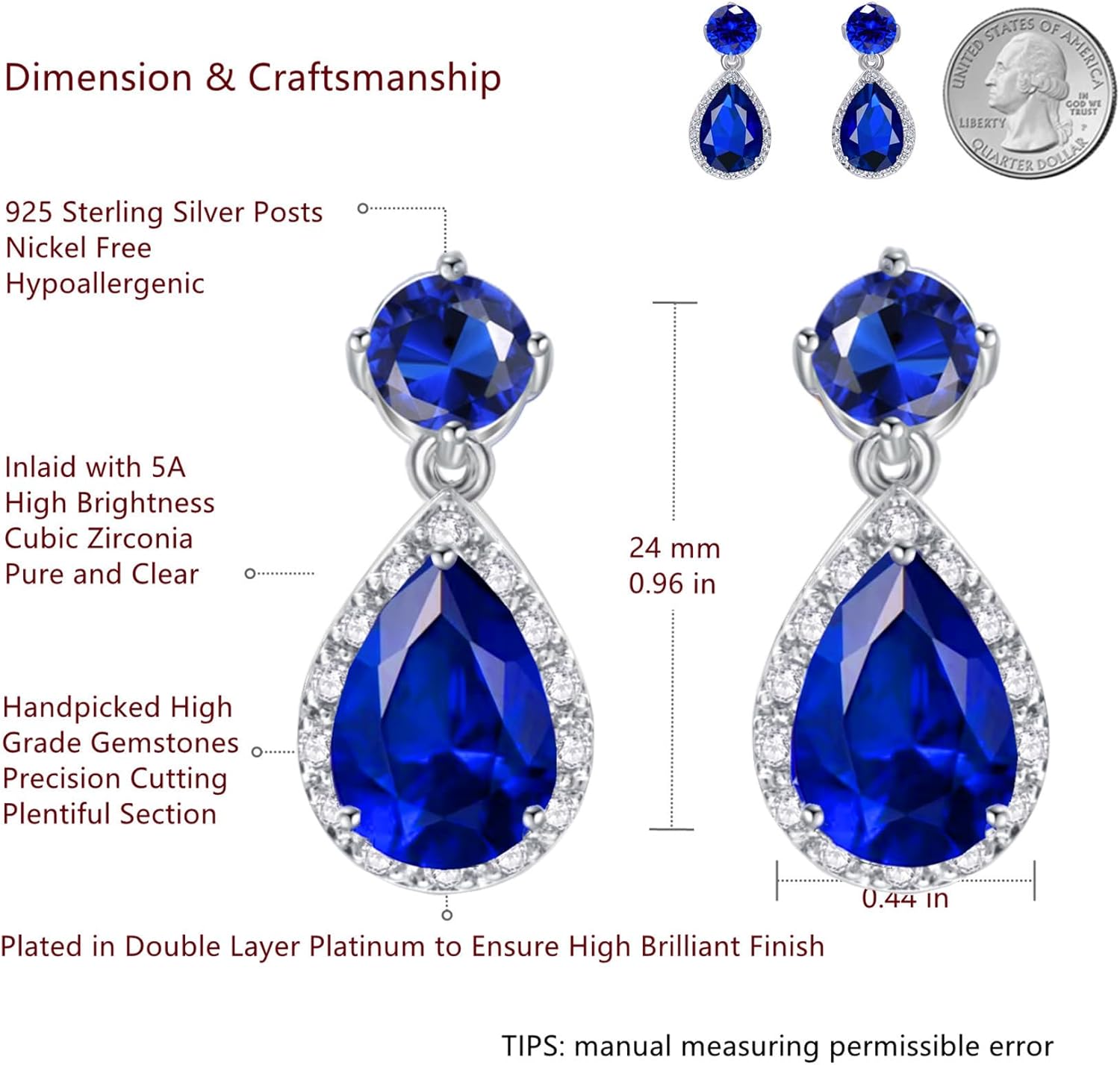 VONSSY Drop Dangle Earrings | Gemstones Waterdrop Teardrop White Gold Plated Crystal Hanging Cubic Zirconia Hypoallergenic Earrings | Stylish Jewelry Gift for Mother Daughter Wife