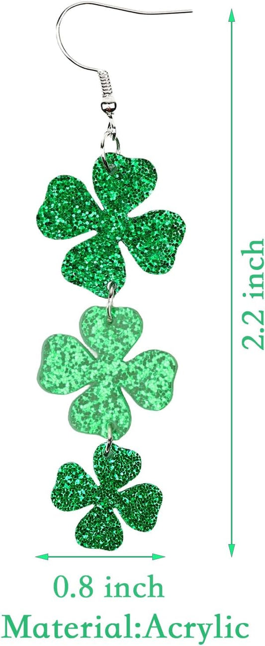 St Patricks Day Green Shamrock Clover Earrings for Women, Irish St. Patrick's Day Accessories Good Luck Hoop Dangle Glitter Earrings (Type 1)