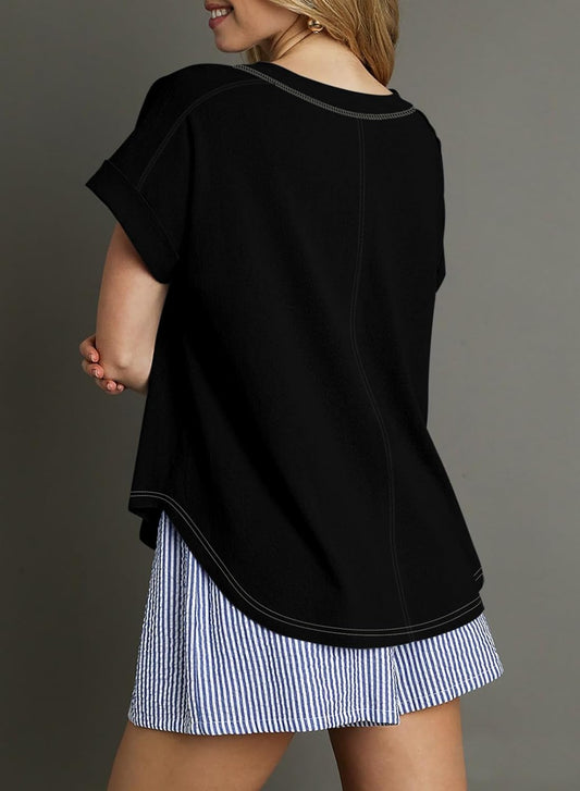 Dokotoo T Shirts for Women Striped Color Block Crewneck Short Sleeve Casual Workout Tops Loose High Low Blouses
