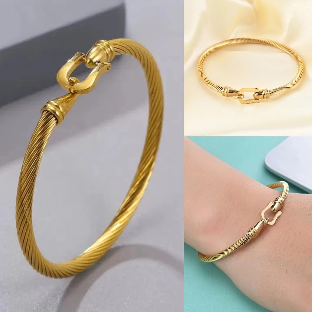 NEKVFO 18K Gold Plated Love Bracelet Set, Zircon Adjustable Bracelet Horseshoe Buckle Cable Bracelet, 3-Piece Women's Stackable Gold Bracelet Jewelry Set