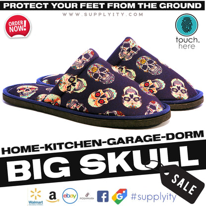 Chochili Men Big Skull Home Slippers Black Lightweight Silent Walk Size 8 to 10