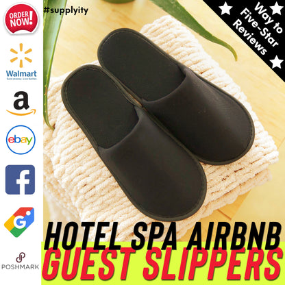 Chochili Black 10 Pairs Fabric Packed Terry Cotton Disposable Hotel Slippers for Airbnb Spa Wedding Guests Adult Men Women Size 10-11