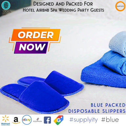 Chochili Blue 10 Pairs Fabric Packed Terry Cotton Disposable Hotel Slippers for Airbnb Spa Wedding Guests Adult Men Women Size 10-11