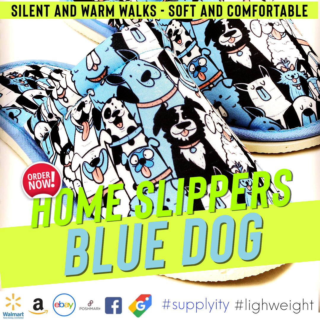 Chochili Men Blue Dog Home Slippers Blue White Lightweight Silent Walk Size 8 to 10