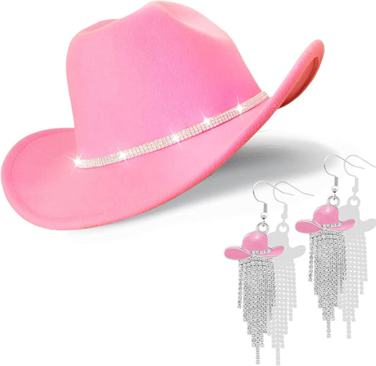 Cowboy Hat Rhinestone Cowgirl Boots Earrings Set Western Earring Felt Fedora Jazz Hat Rodeo Outfit for Women Size M