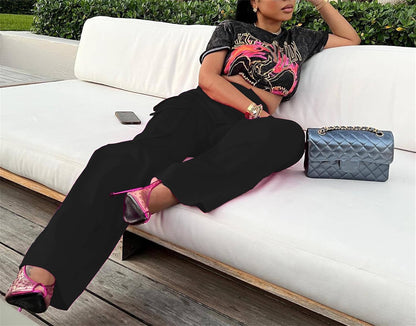 NRTHYE Women High Waisted Satin Cargo Pants Wide Leg Casual Pants Multi Pockets Straight Trousers