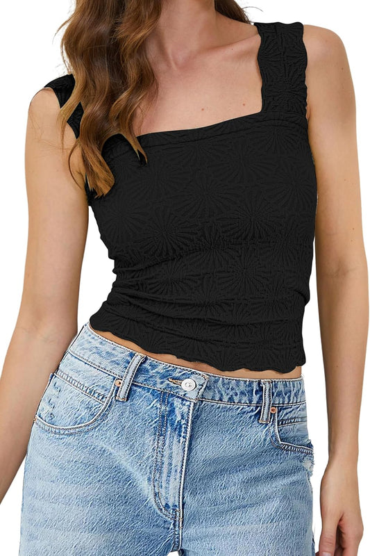 MISSACTIVER Women Square Neck Wide Straps Crop Tank Tops Casual Floral Sleeveless Lettuce Trim Slim Fit Crop Cami Vest Tops