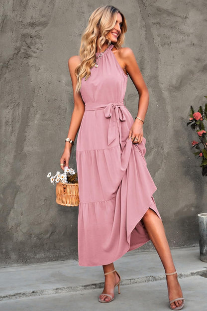 PRETTYGARDEN Women's Summer Floral Maxi Sun Dress Sleeveless Halter Neck Flowy Ruffle Hem Long Boho Dresses with Belt