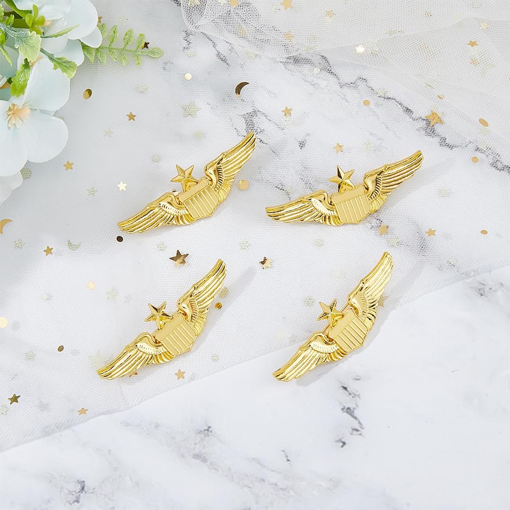 SUPERFINDINGS 4Pcs Wings Pin Alloy Gold Wing Pilot Badge 2.32'' Costume Lapel Pins Brooch Air Force Wing Pins Metal Aviator Wings Pin for Hat Shirt Uniform Pilot Costume