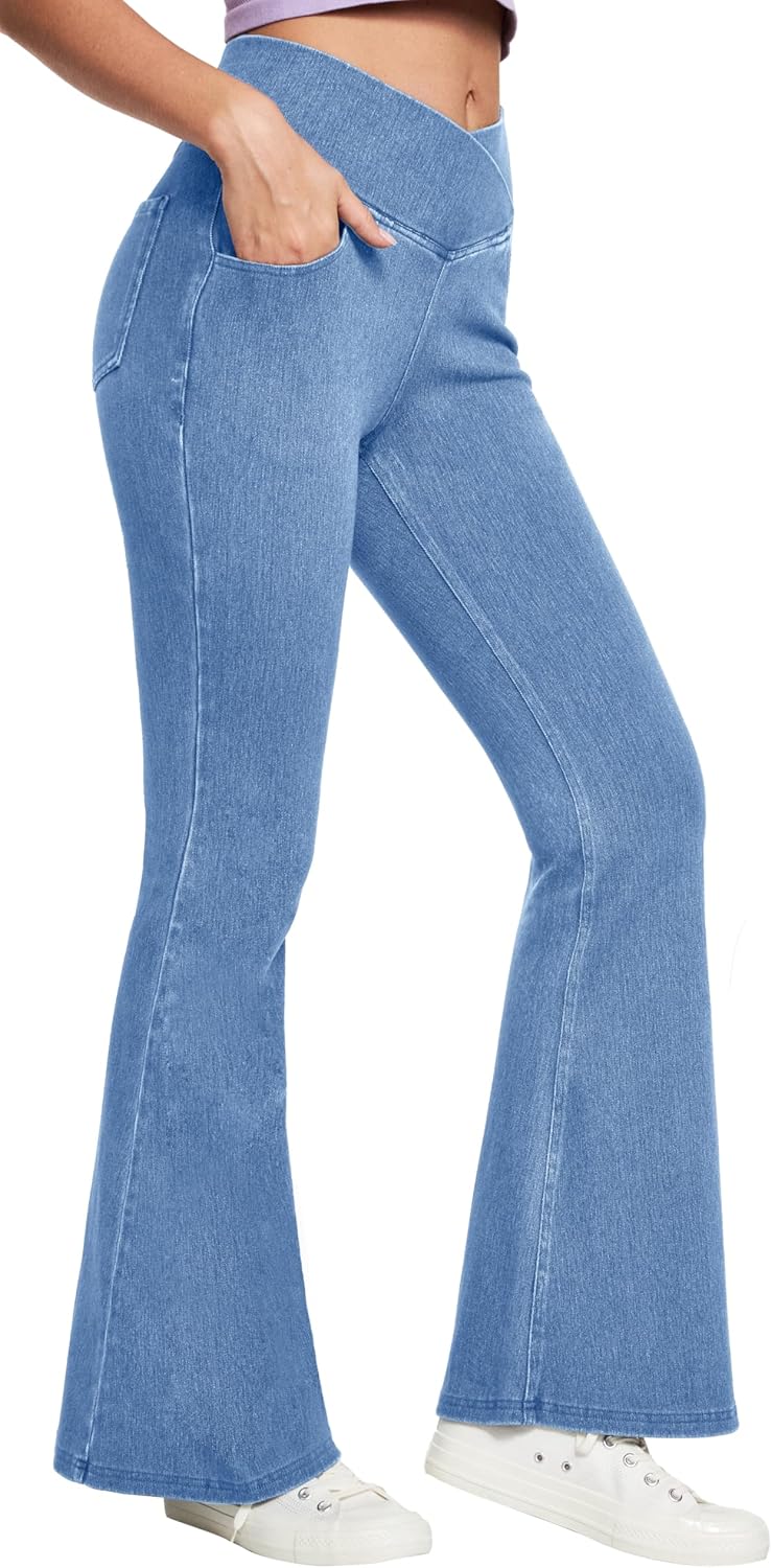 IUGA Bell Bottom Jeans for Women High Waisted Stretchy Flare Jeans Pull On Wide Leg Jean Woman V Cross Flare Leggings Pants